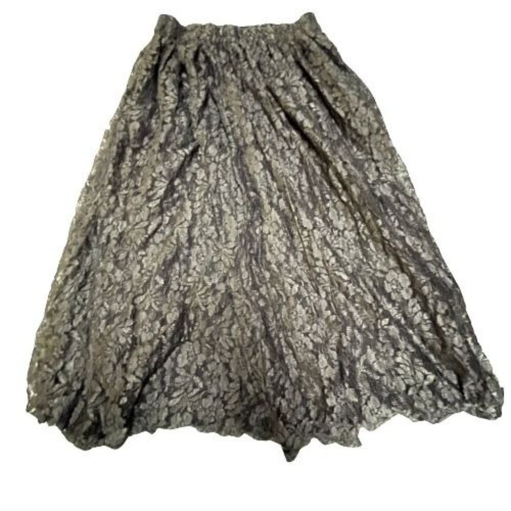 Indira Womens Lace Floral Metallic Midi Skirt Medium Pull-On Black Fully Lined